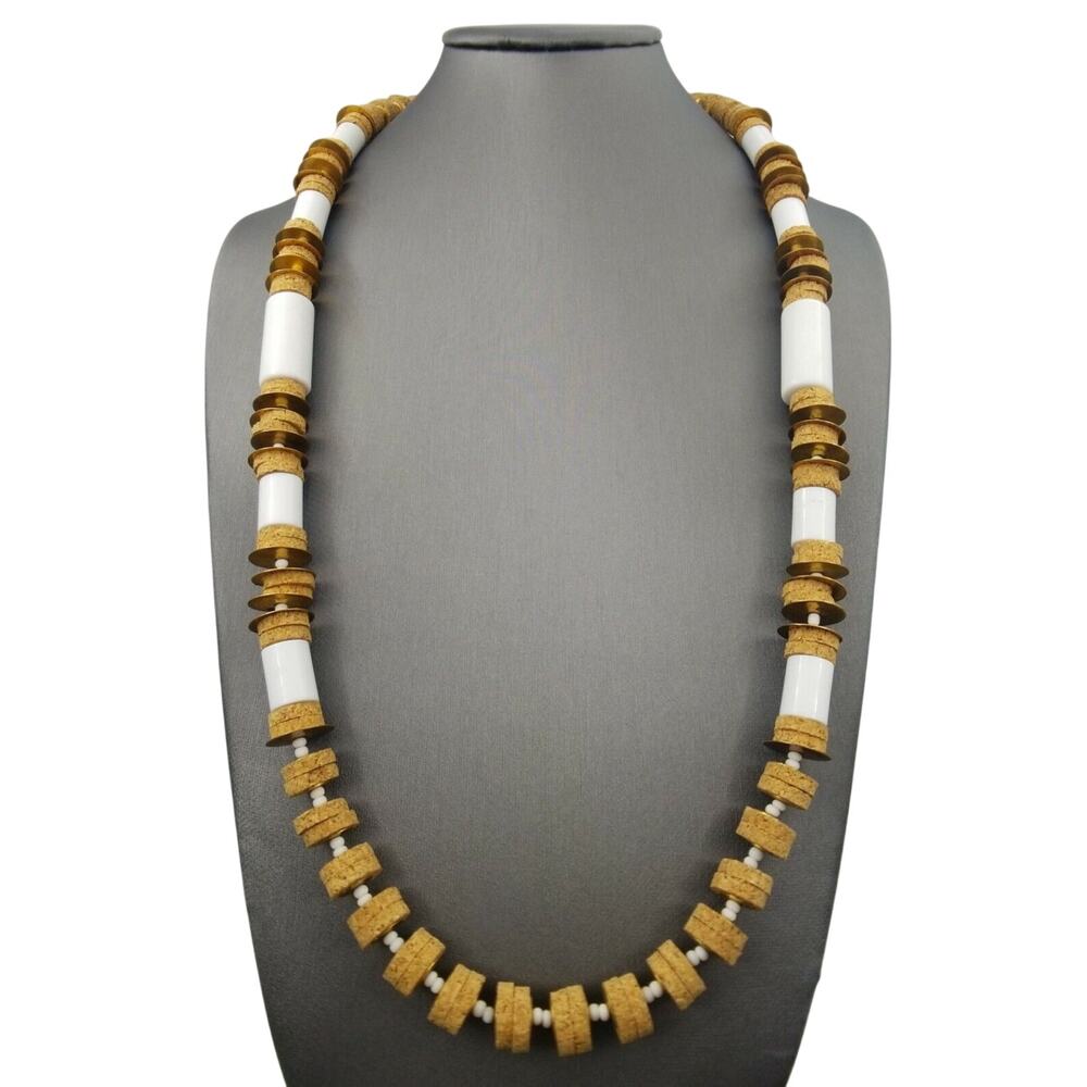 Vintage MIRIAM HASKELL Cork and Milk Bead Necklace 1950s -Designer Signed